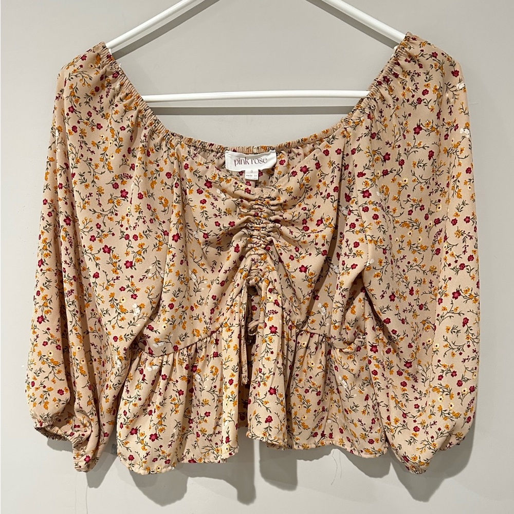 Pink Rose Rust Floral Peplum Tie-Front Blouse with Pink Accents